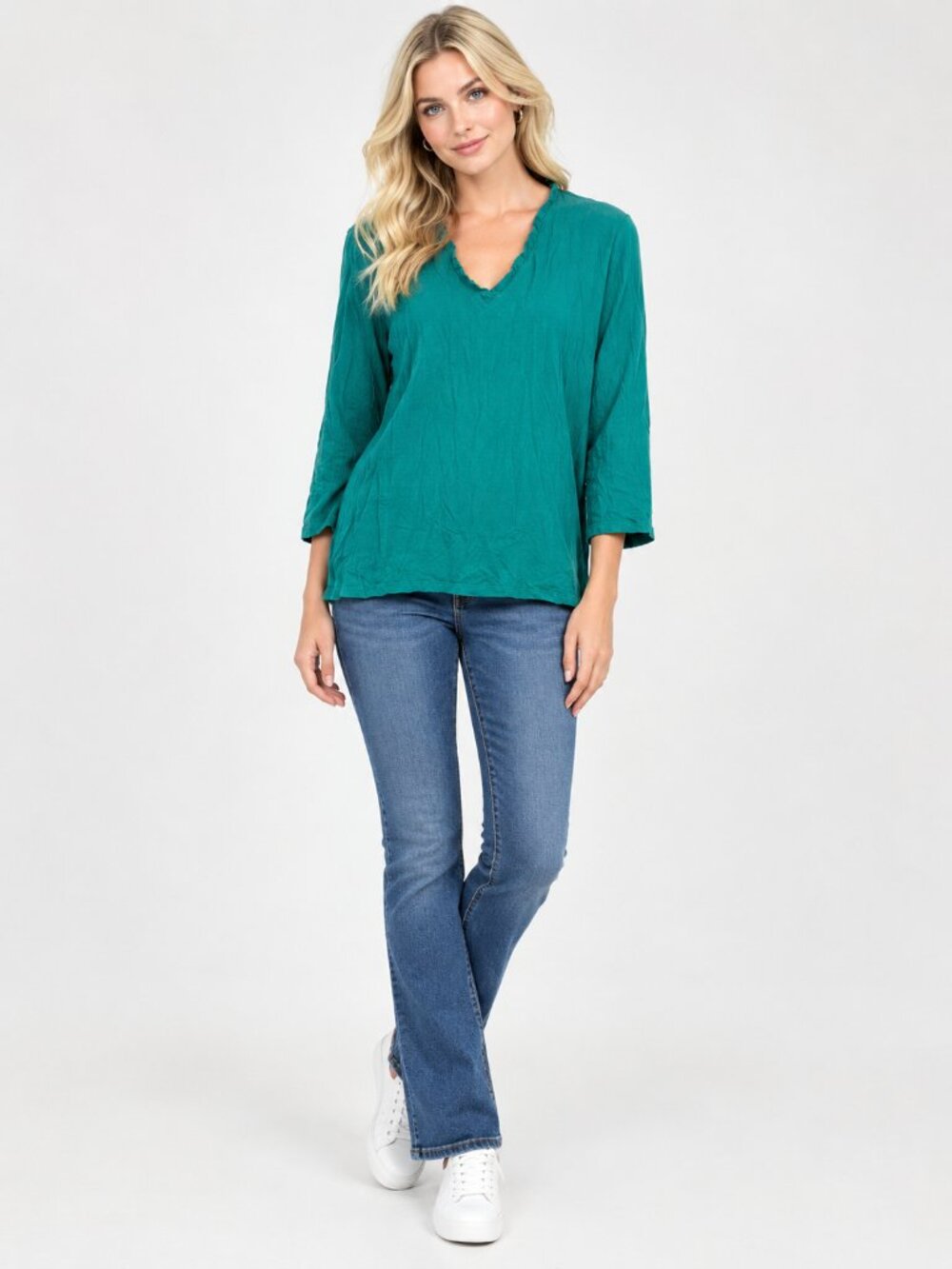 2/$30 Lands' End Ruffle V-Neck 3/4 Sleeve Tee Emerald 2X #A4946
